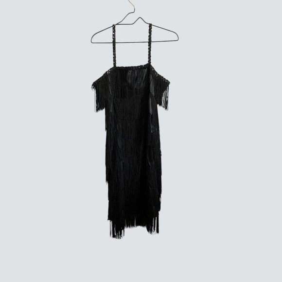 1920s Flapper Black Fringe Party Dress with Accessories - Picture 2 of 9